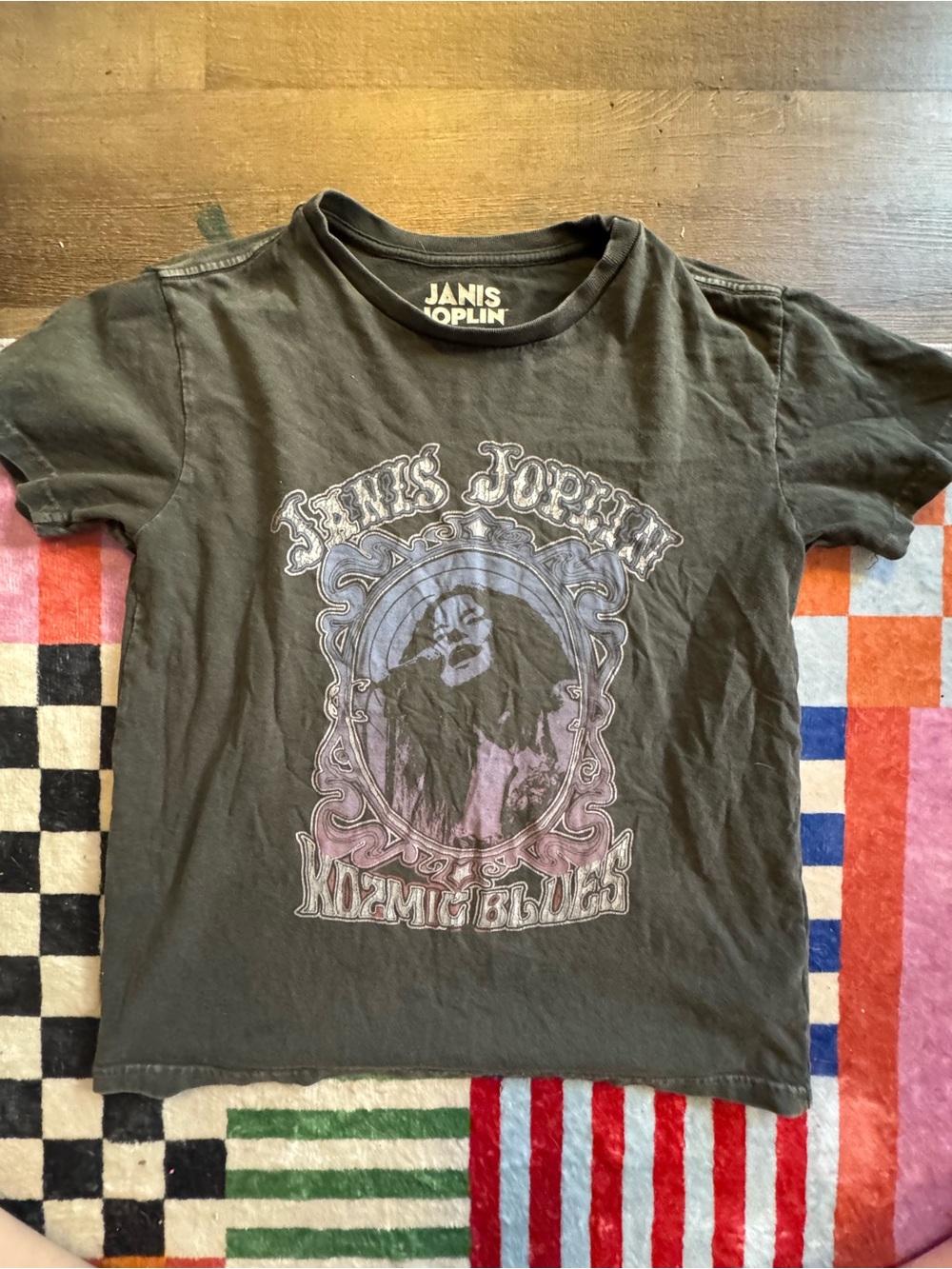 Lucky Brand Janis Joplin Black Graphic Tee with Purple & Blue Print